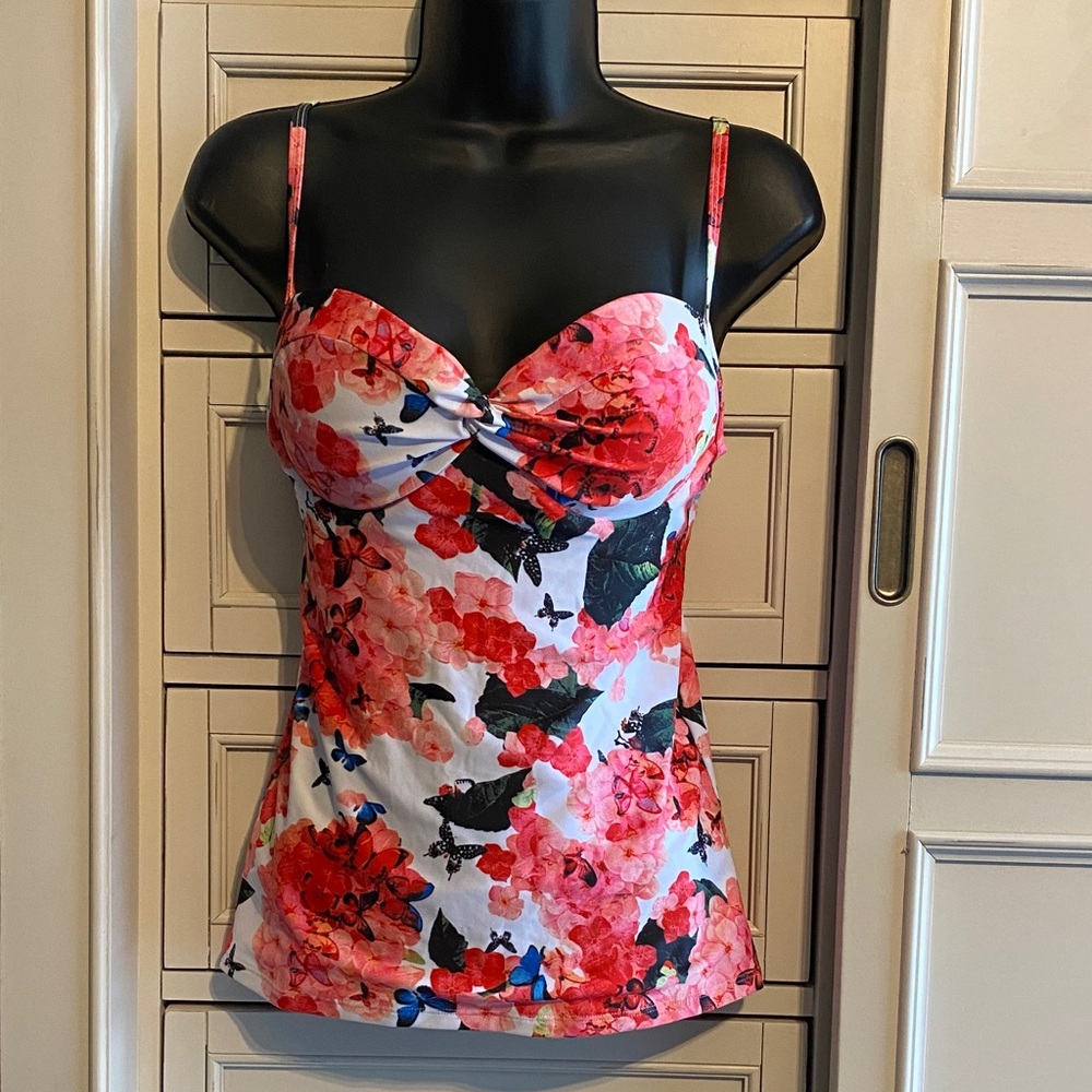 Floral Butterfly Tankini Top with Pink and Red Blooms